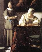 VERMEER VAN DELFT, Jan Lady Writing a Letter with Her Maid (detail)  ert oil painting on canvas